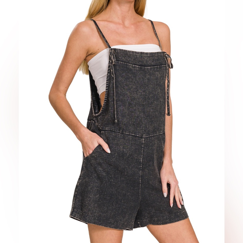 Washed Linen Knot Strap Rompers - Picture 2 of 2